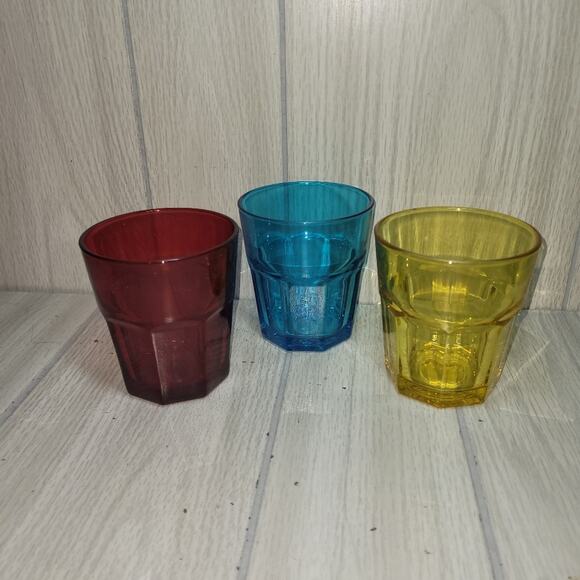 Set Of 3 Rainbow Glasses Red Blue Yellow Small Tumblers Water Glass Barware - Picture 3 of 8
